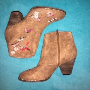 Floral embroidered suede booties